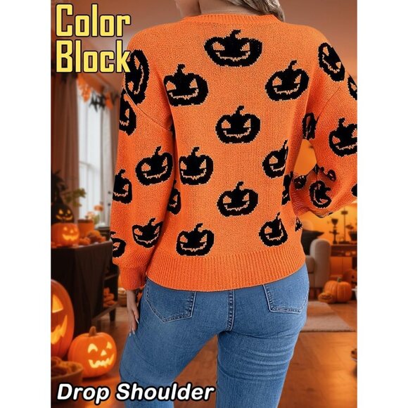 Strentiki Women Orange Pumpkin Halloween Long Sleeve Crew Neck Casual Sweaters - Picture 3 of 7